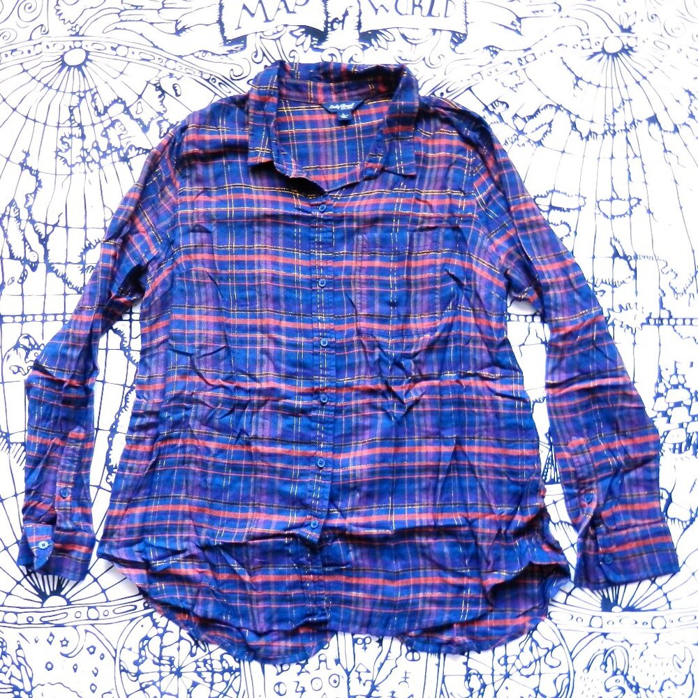 ✨ Lucky Brand || Gold Thread Plaid Long Sleeve Flannel Top